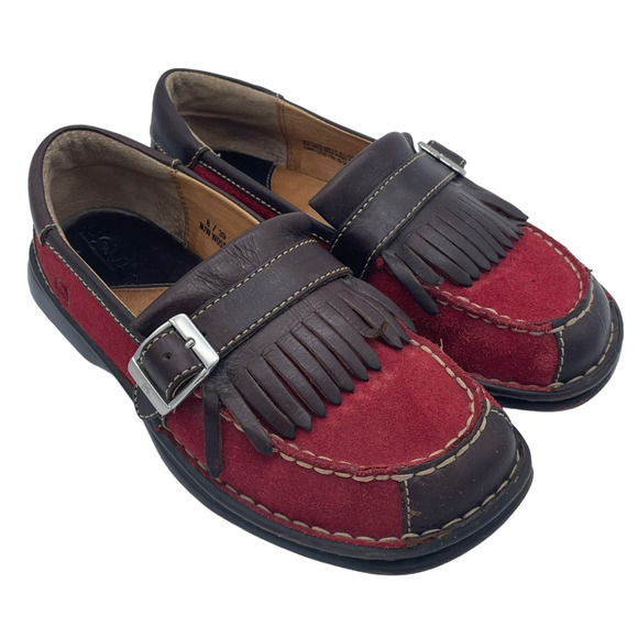 Born Shoes - Born Womens Loafer Flat Shoes Red Black Suede Slip On Kiltie Stitching 8 M